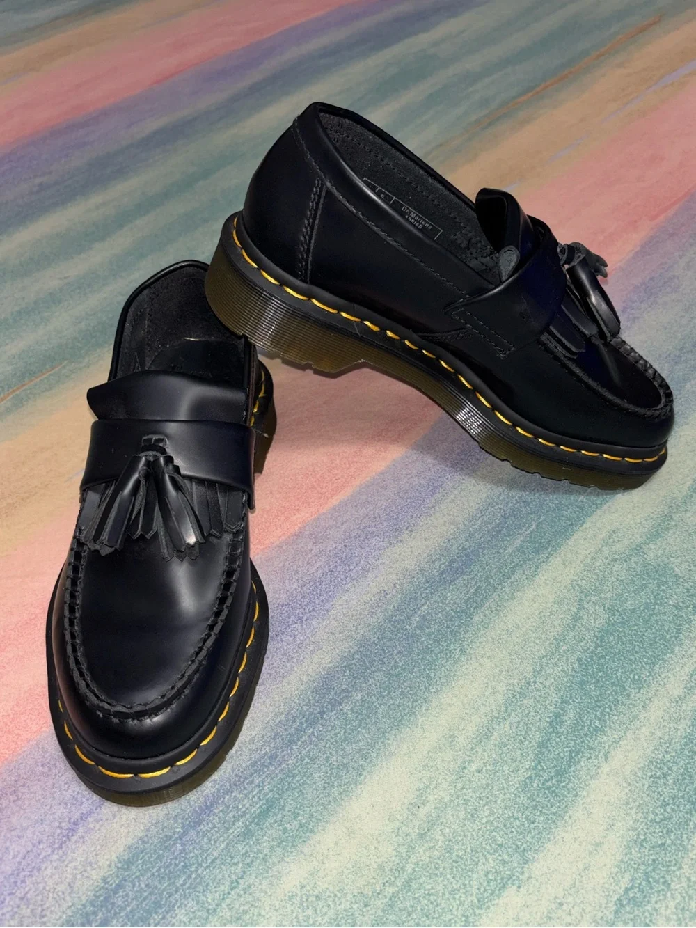 Dr. Martens Adrian Yellow Stitch Black Leather Tassel Loafers Women’s US 6